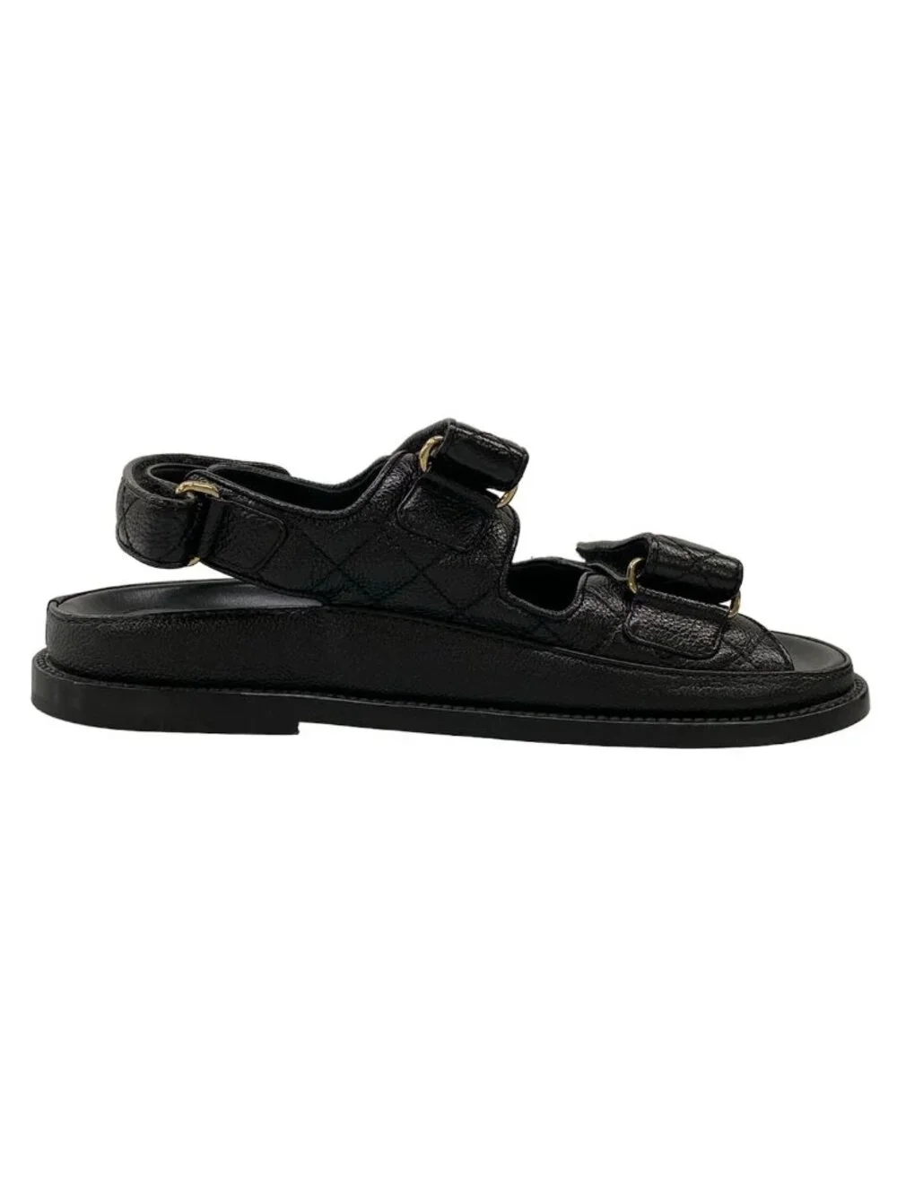 Chanel Sandals C Black Quilted CC Logo Gold Velcro